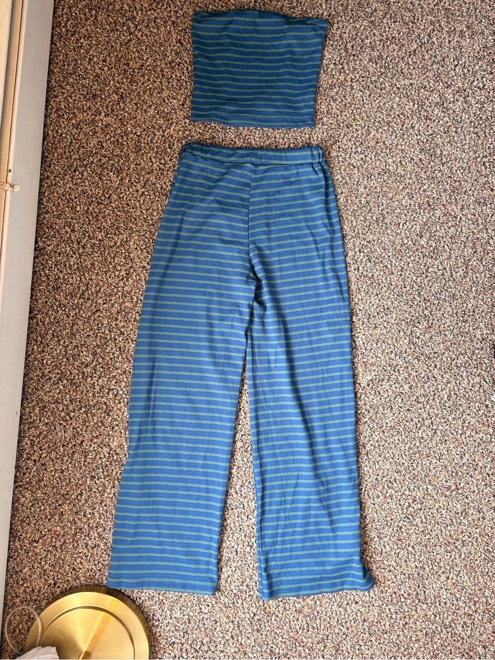 Striped Blue Two-Piece Tube Top + Wide Leg Pants Set